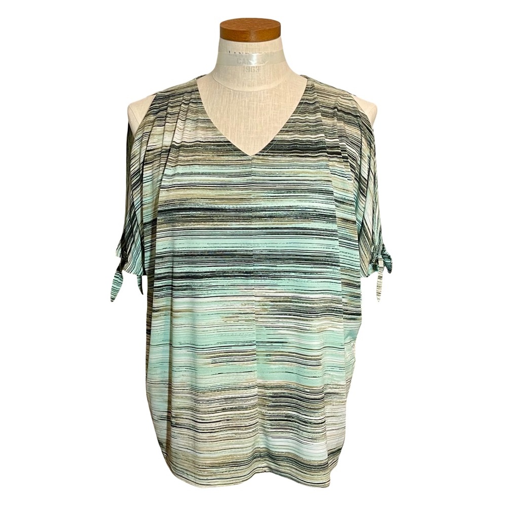Chico’s V-neck Cold Shoulder Stretchy Striped Pullover SzM, Chico’s Sz1